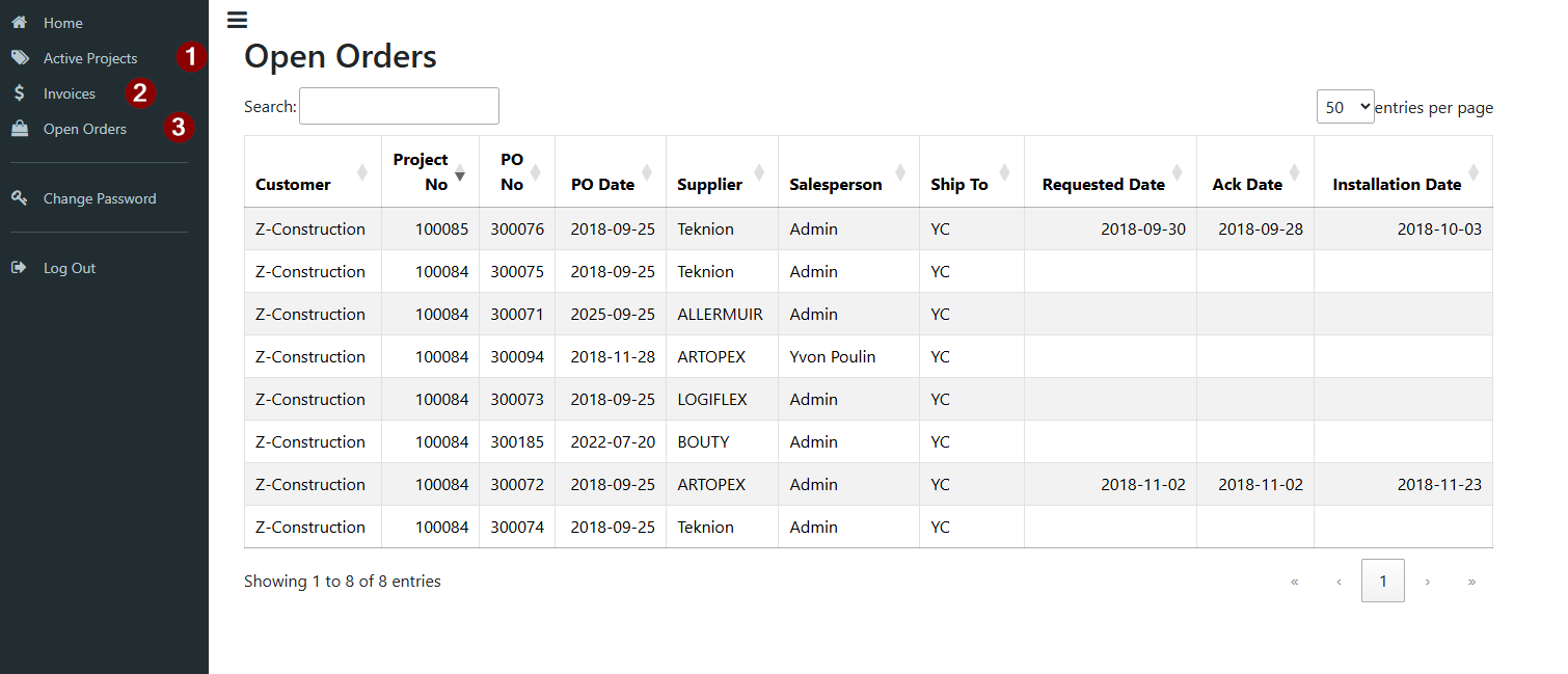Customer view Customers can view their Projects, Invoices and PO